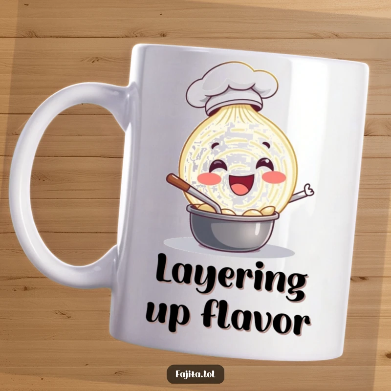 Funny mug featuring a delighted onion slice character in a chef hat, happily stirring a pot with infectious culinary enthusiasm.