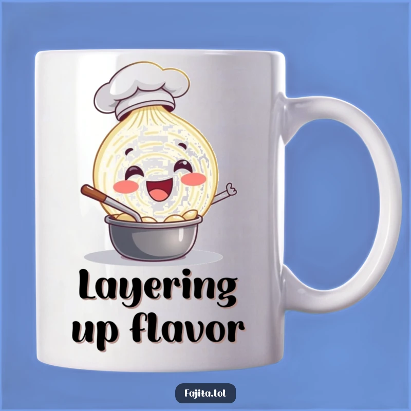 Funny Onion Chef Mug: Whimsical Stirring Character for Kitchen Humor