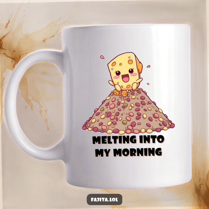 Funny mug showing a playful cheese shred character joyfully cascading down a large mountain made of beans.
