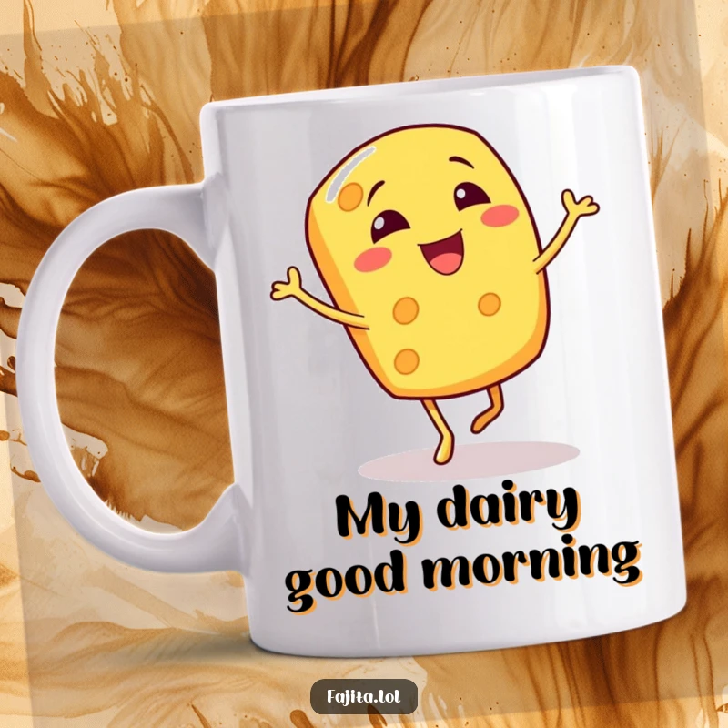 Funny mug showing a giggling cheese shred character enthusiastically performing a bouncy jig, radiating pure cheesy joy.