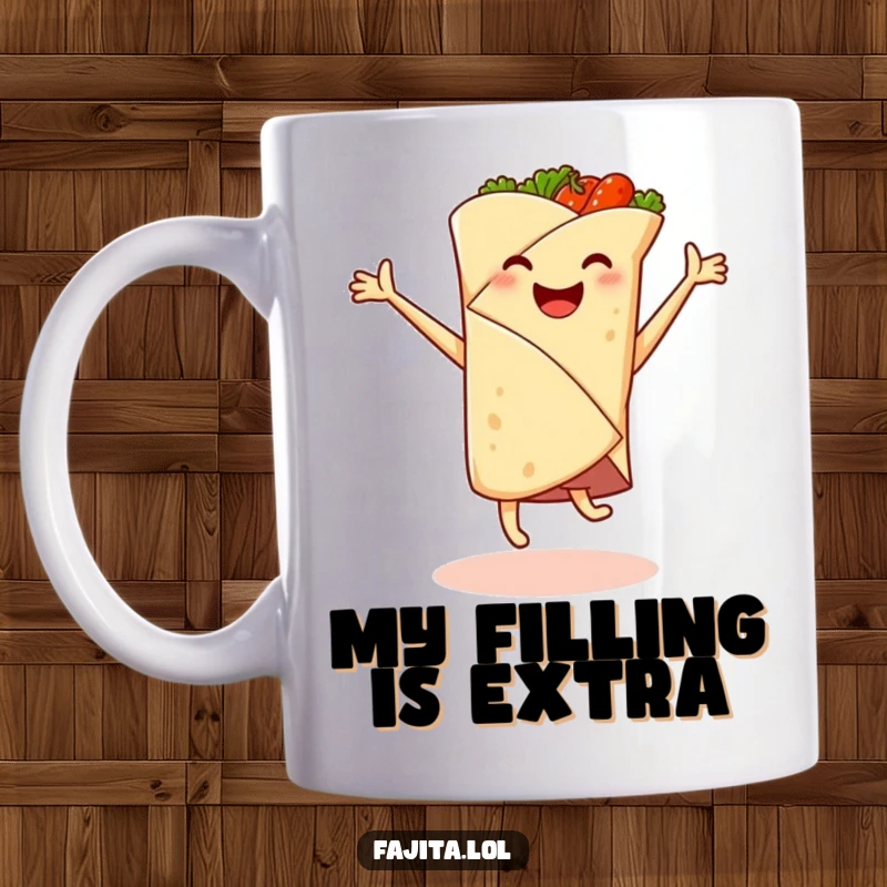 Funny mug featuring a smiling fajita wrap doing a cartwheel, spicy filling leaping out, celebrating life with energetic humor.