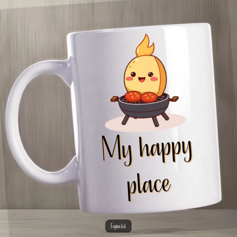 Funny mug with a smiling fajita happily sizzling on a tiny cartoon grill, embodying pure culinary joy and fun.