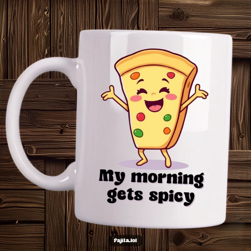 Funny mug showcasing a smiling fajita slice performing an energetic and triumphant salsa dance, full of joyful movement and comedic flair.