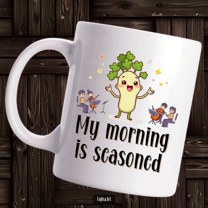 Funny mug with a cheerful cilantro character directing a tiny orchestra of colorful spices with a conductor's baton.