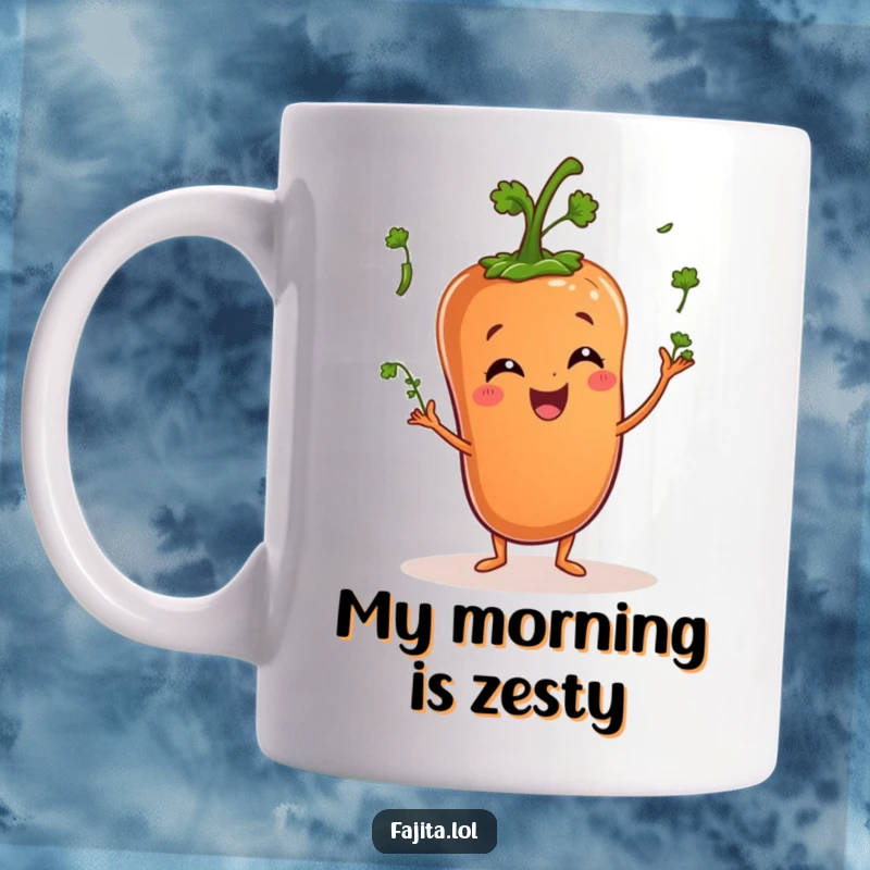 Funny mug shows a happy pepper character skillfully juggling tiny cilantro sprigs, celebrating fresh ingredients with humor.