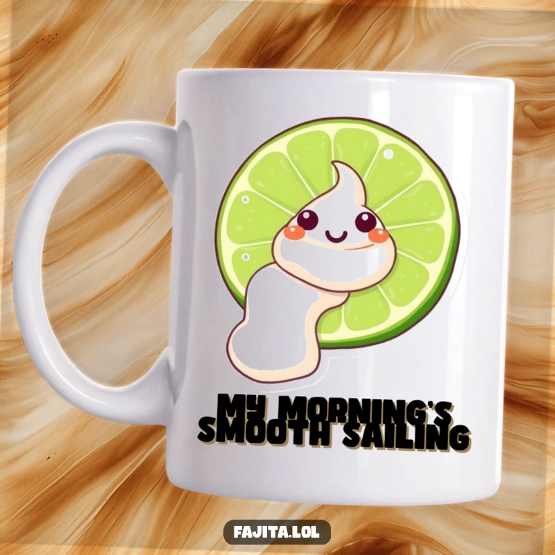 Funny Sour Cream Lime Mug, a cartoon sour cream dollop winking while sliding down a lime wedge, adding citrusy humor.