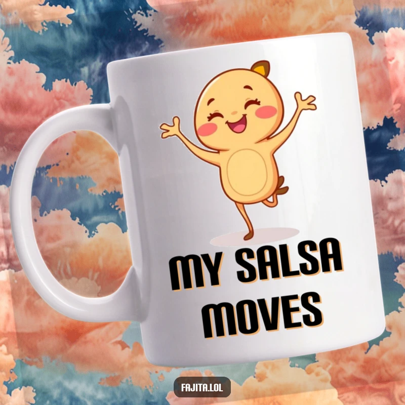 Funny Fajita Mug: A smiling cartoon fajita with legs joyfully performing a flamenco dance, full of energy and spice.