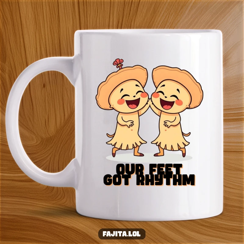Funny mug featuring two laughing fajitas in mid-salsa dance, embodying a joyful and energetic fiesta spirit for a hilarious food lover.