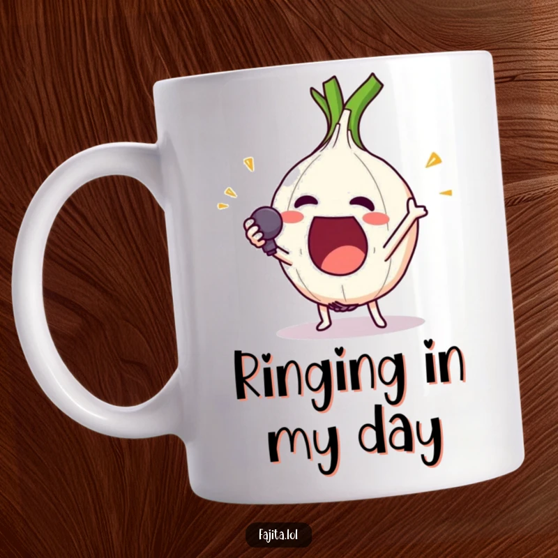 Funny mug featuring an excited onion ring character performing a comically dramatic mic drop after a stellar performance.