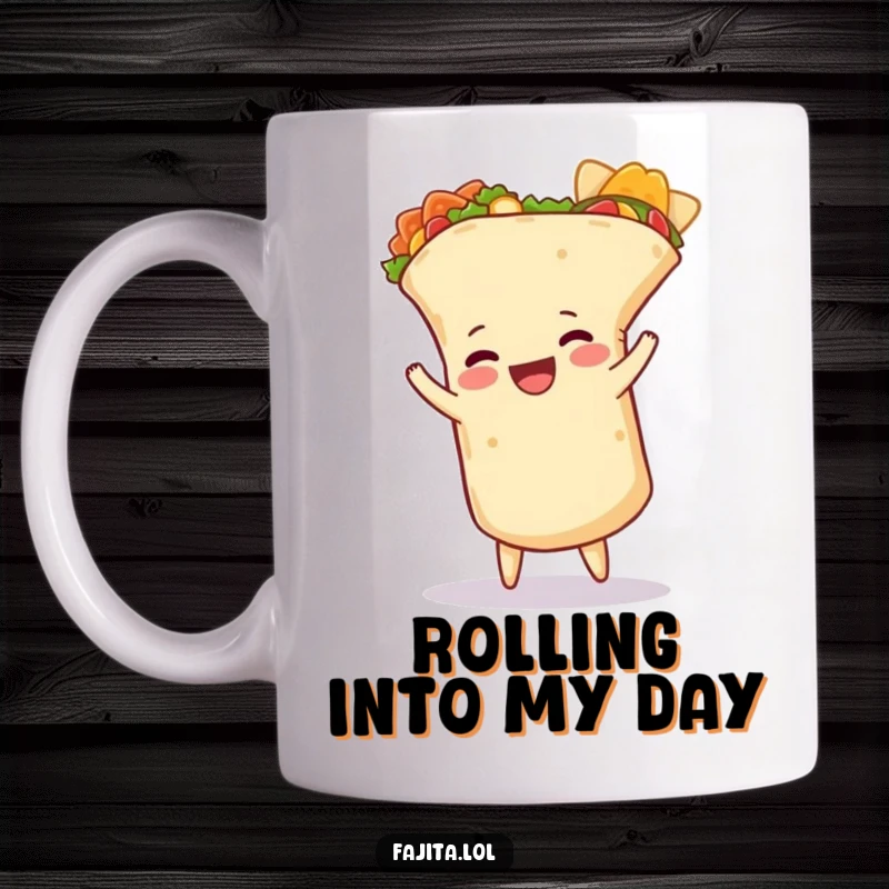 Funny burrito mug featuring a happy burrito doing a cartwheel with its tortilla unfurling, conveying joyful energy and humor.