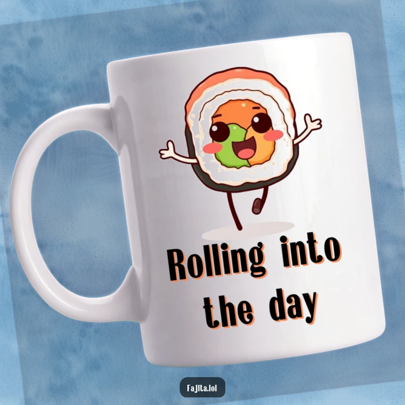 Funny mug showing a delighted sushi roll with soy sauce legs, happily hopping with infectious enthusiasm.