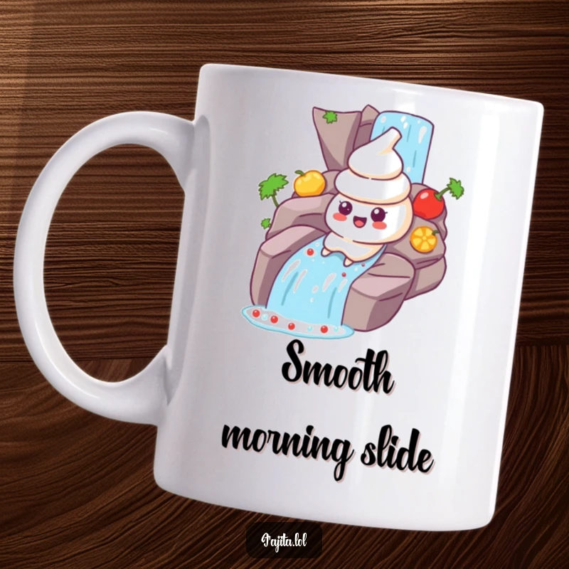 Funny Sour Cream Mug: A white sour cream dollop character gleefully sliding down a vibrant red salsa waterfall.