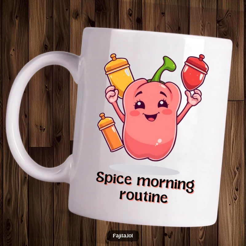 Funny mug featuring a cheerful bell pepper character juggling three colorful spice shakers with infectious glee.