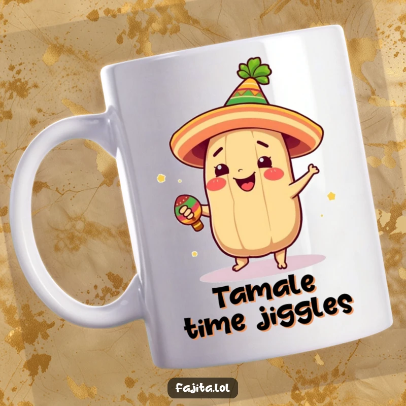 Funny mug featuring a giddy tamale in a festive hat, joyfully spinning with a maraca in hand.
