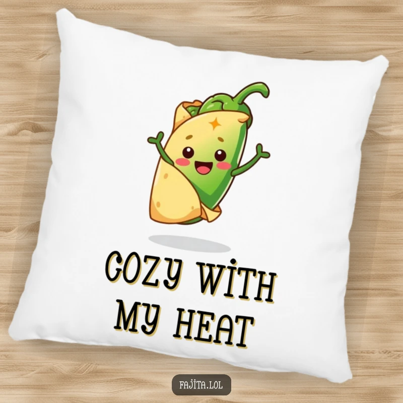 Funny pillow featuring a cheerful tortilla hugging a jumping jalapeño, providing a spicy and humorous decorative comfort item.