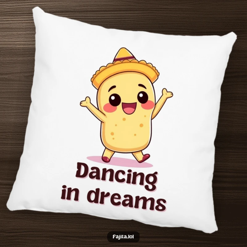 Funny pillow featuring a smiling burrito in a small sombrero, caught in a joyful salsa dance for a festive feel.