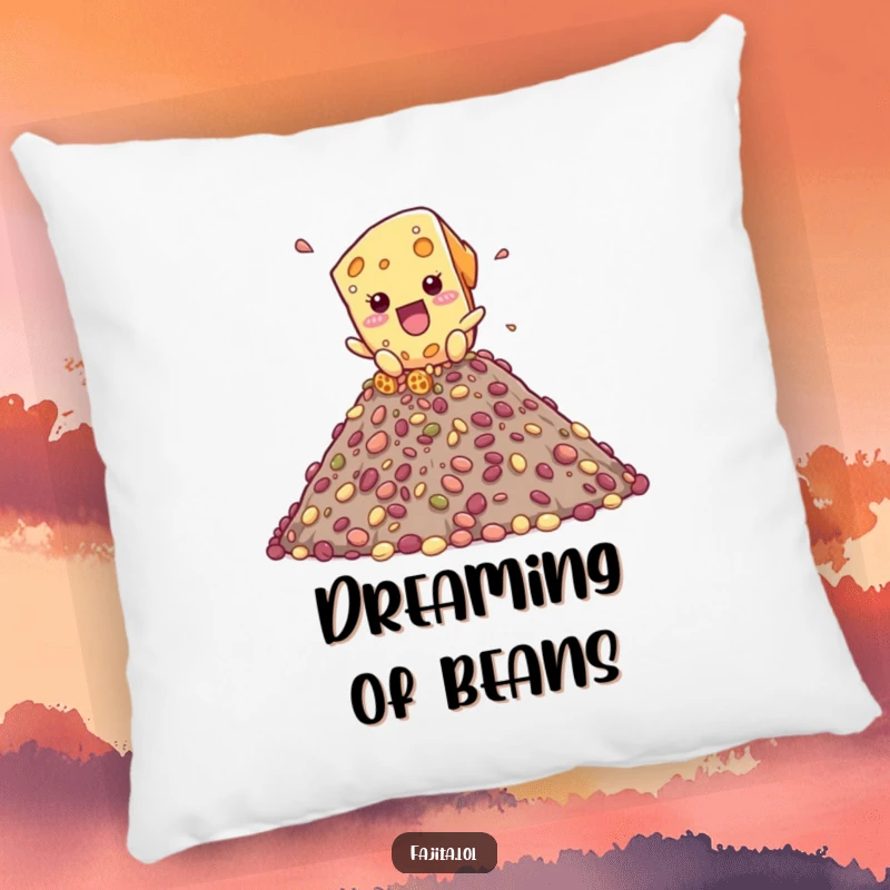 Funny pillow featuring a playful cheese shred character cascading down a bean mountain, adding a humorous touch to decor.