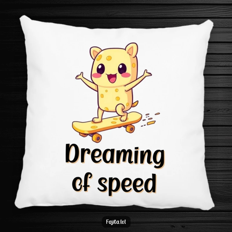 Funny pillow design of a gleeful fajita character skateboarding on a cheese board, offering soft, humorous comfort and an adventurous vibe.