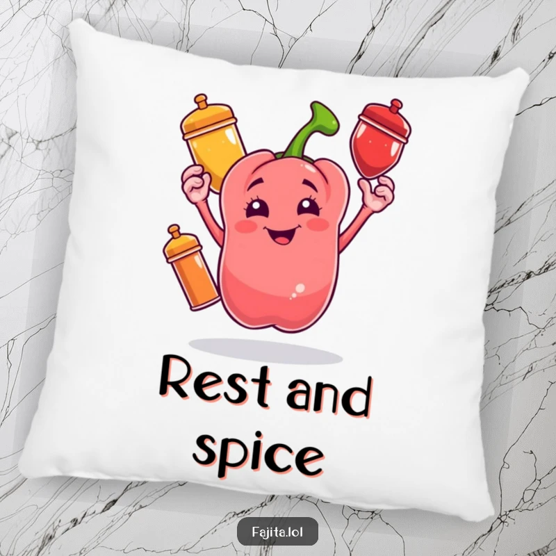 Funny pillow featuring a cheerful bell pepper juggling colorful spice shakers, offering comfort with a side of humor.