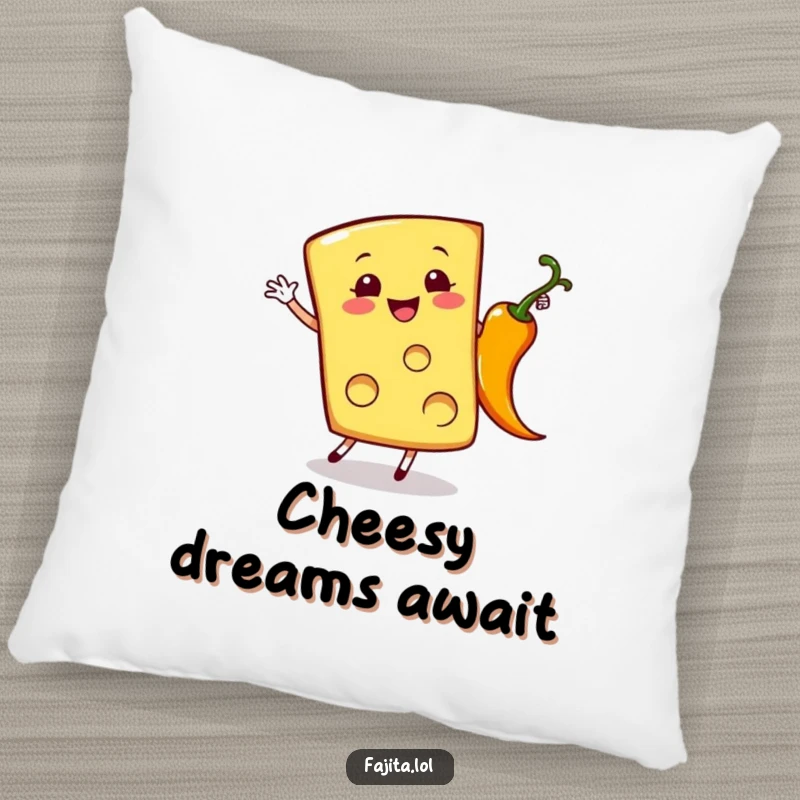 Funny pillow featuring a cheerful cheese slice doing a cartwheel near a sizzling pepper, offering soft and humorous comfort.