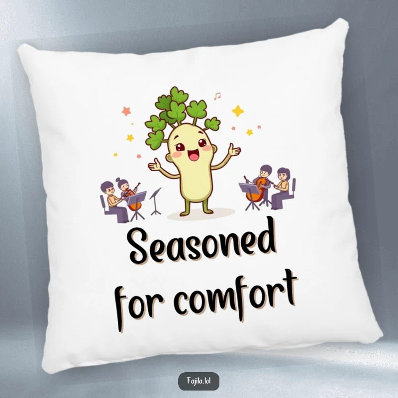 Funny pillow featuring a happy cilantro character conducting a miniature orchestra of spices, adding a touch of humor to decor.