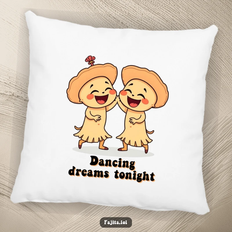 Funny pillow with two laughing fajitas in a salsa dance, providing a soft and humorous decorative accent for any seating area.