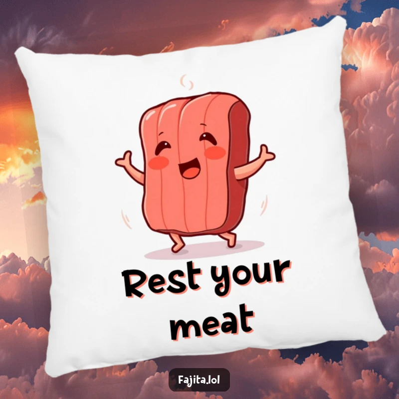 Funny pillow featuring a happy grilled meat strip doing a jig, offering cozy and humorous decor for any fan.