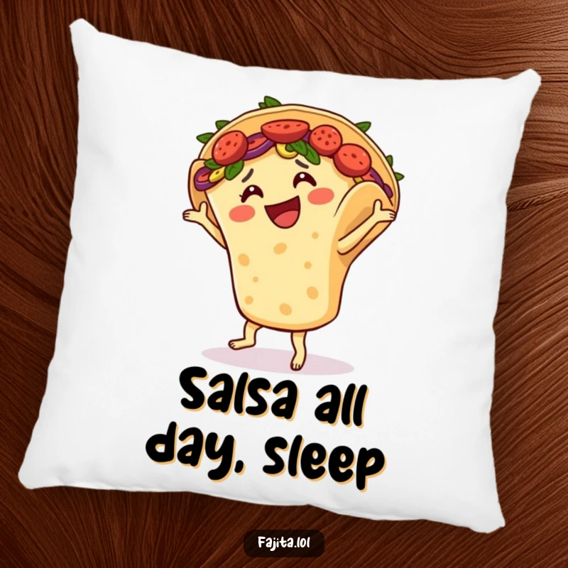 Funny pillow features a smiling fajita in a tortilla shell joyfully salsa dancing, bringing comfort and Mexican food humor.