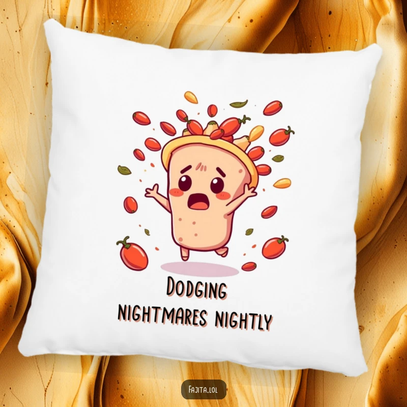 Funny pillow design of a surprised fajita character dodging flying salsa, offering soft, humorous comfort and a touch of chaotic fun.