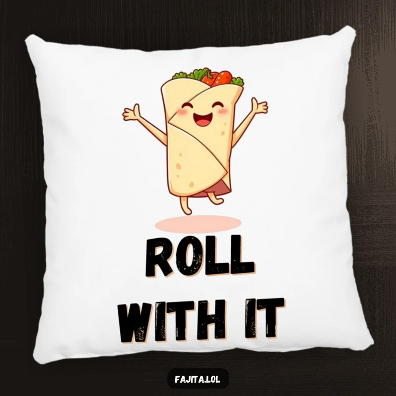 Funny pillow featuring a smiling fajita wrap doing a cartwheel, spicy filling leaping out, offering comfort and humor.