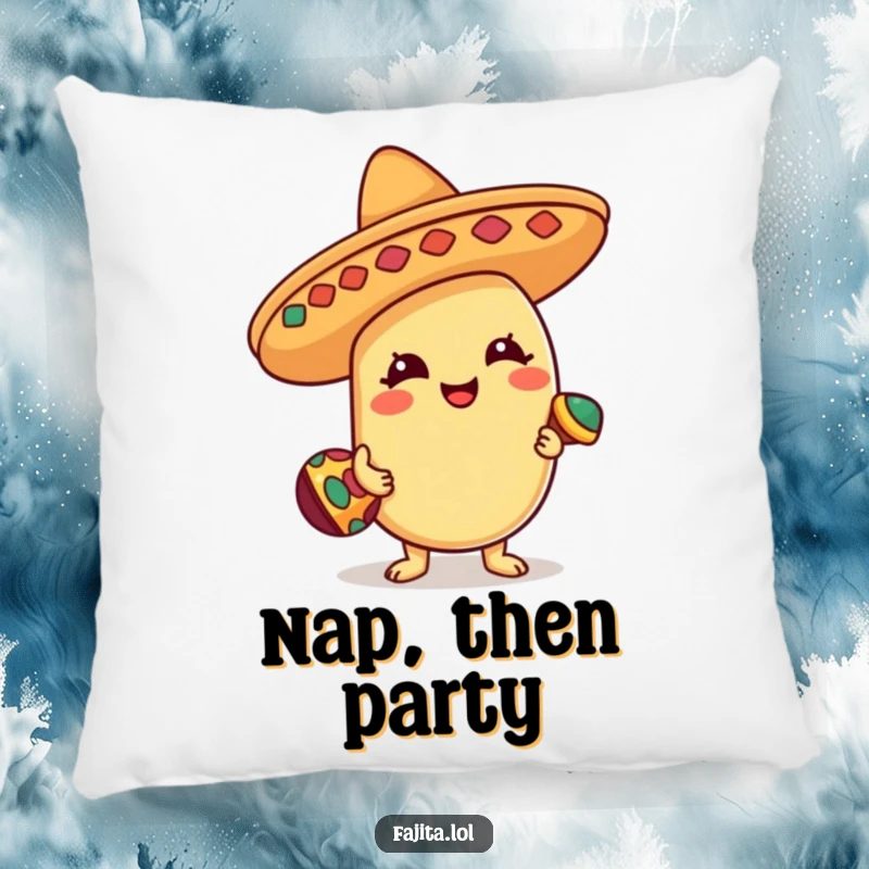 Funny Pillow featuring a happy bean character in a sombrero, playing a tiny maraca, offering comfort and a splash of festive humor.
