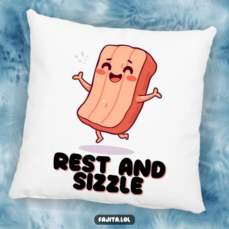 Funny pillow featuring a smiling strip of grilled meat doing an excited shimmy dance, offering comfort and humor.