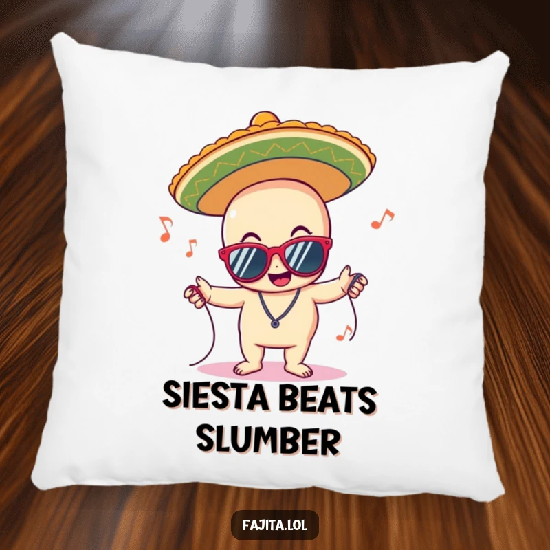Funny pillow with a delighted sombrero character wearing sunglasses and grooving to music, providing a comfortable and fun decorative touch.