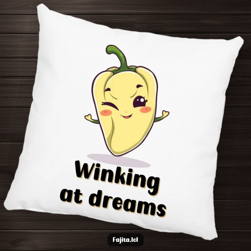 Funny pillow with a playful pepper character, mischievous grin, and wink, adding a comfortable and humorous decorative touch.