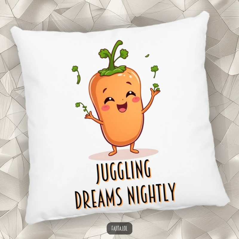 Funny pillow depicts a happy pepper character juggling small cilantro sprigs, providing cozy kitchen-themed cheer.