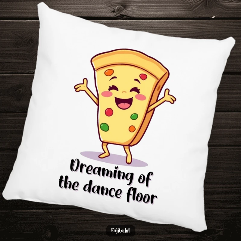 Funny pillow depicting a smiling fajita slice energetically dancing salsa, offering a comfortable and humorous accent piece.