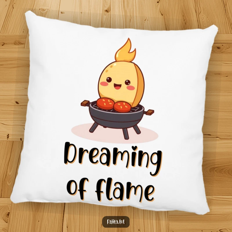 Funny pillow with a smiling fajita happily sizzling on a tiny cartoon grill, adding a comfortable and humorous touch to decor.