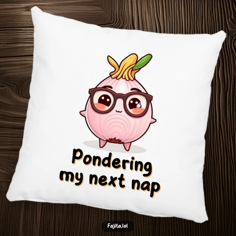 Funny pillow featuring a studious fajita onion slice wearing reading glasses, offering a comfortable and humorous decorative element.
