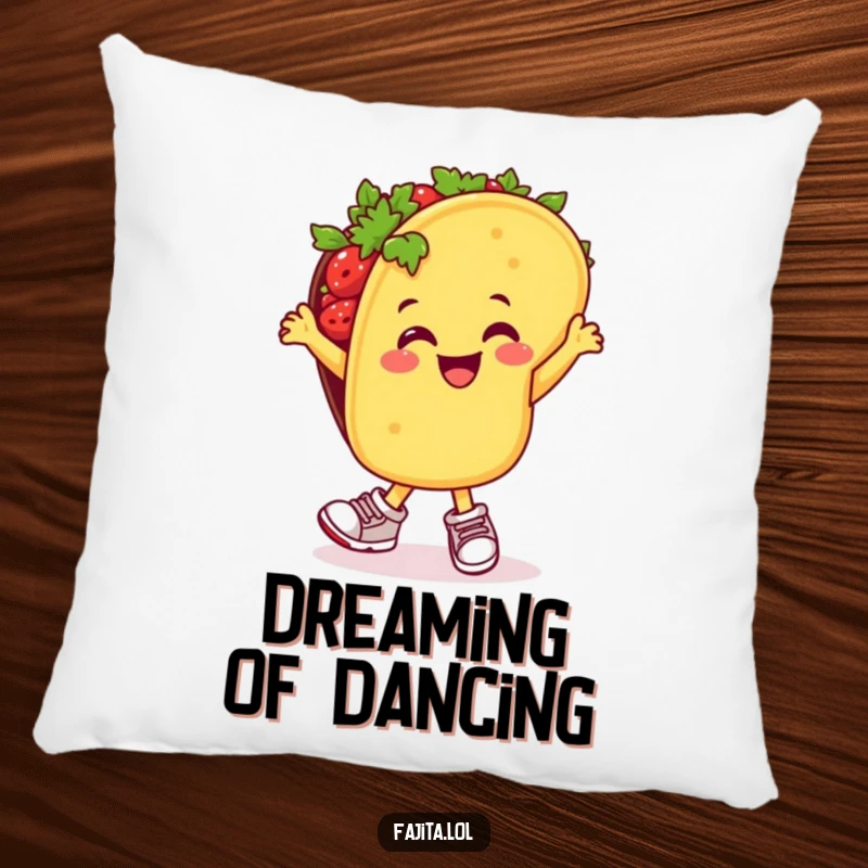 Funny pillow featuring a happy taco in small sneakers, caught in a joyful salsa dance move for a whimsical feel.