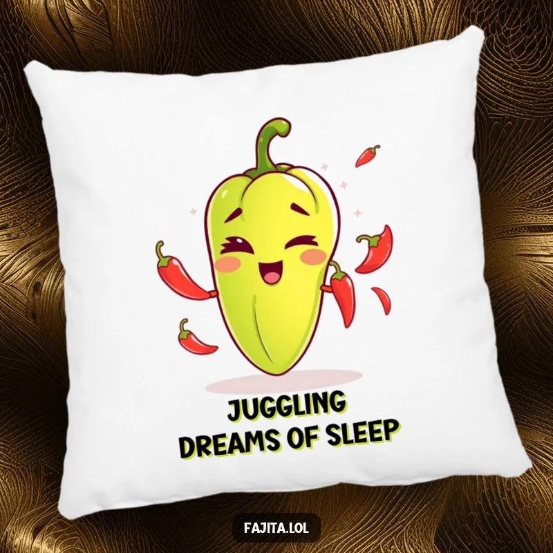 Funny pillow featuring a fajita pepper winking playfully while juggling chili peppers, offering a comfortable and humorous decorative element.