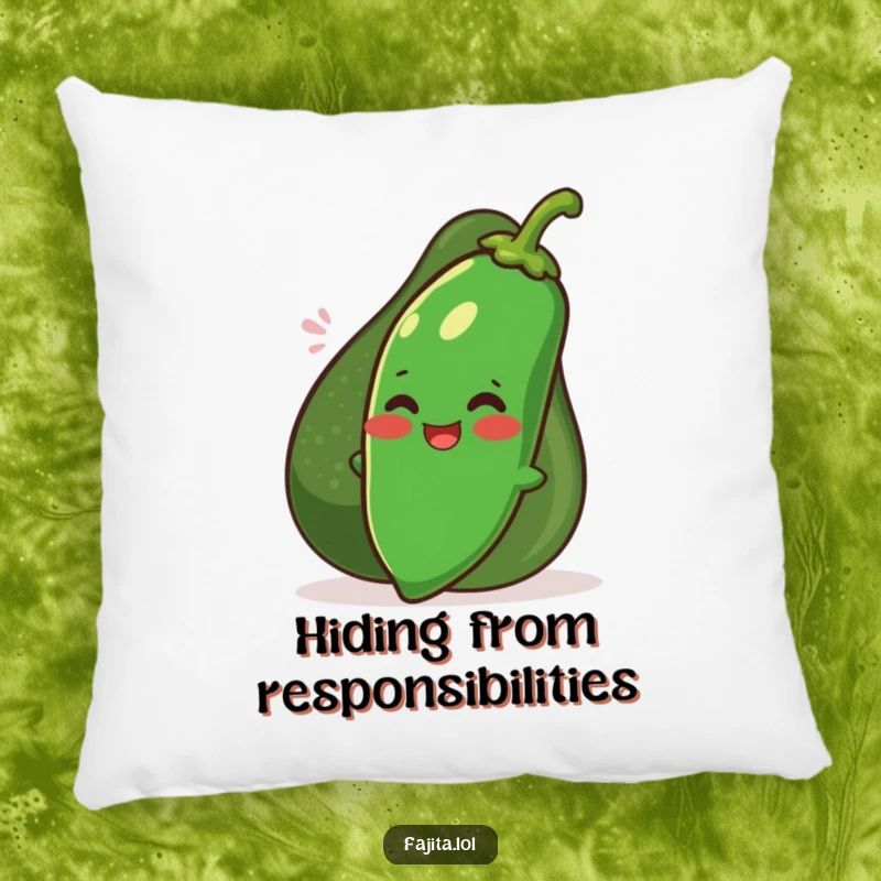 Funny giggling jalapeno character hiding behind a smiling avocado on a soft pillow, perfect for humorous home decor.