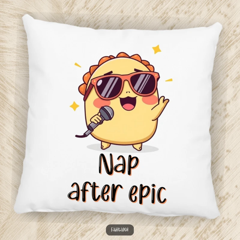 Funny pillow featuring a winking taco in sunglasses mid-mic drop, adding a touch of cool, confident flair to any cozy space.