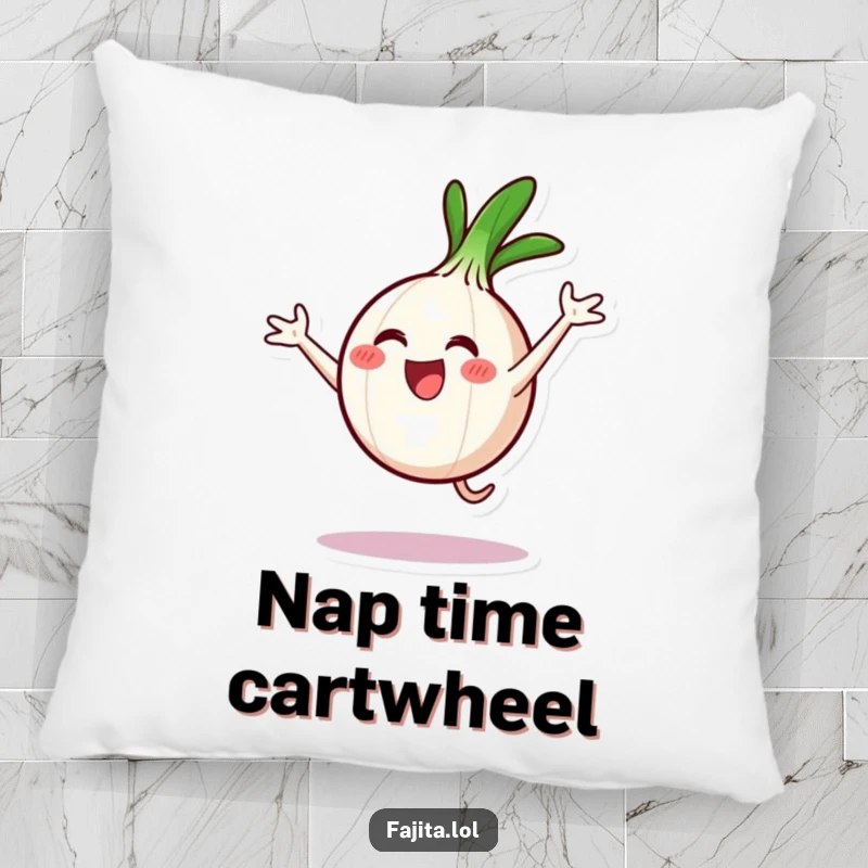 Funny pillow featuring an onion ring character executing a cartwheel with glee, adding a humorous touch to home decor.
