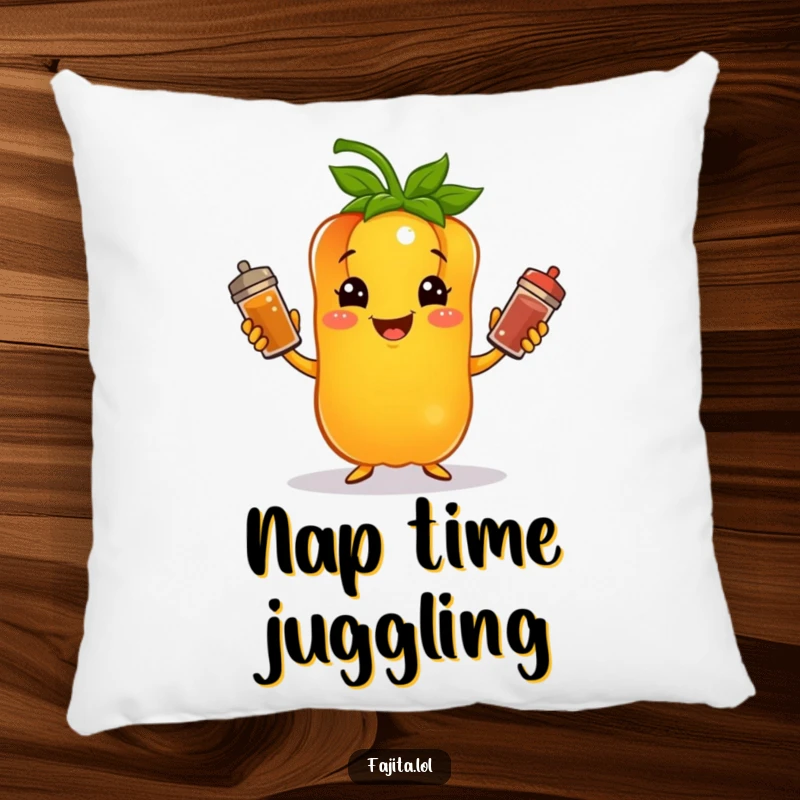 Funny pillow featuring a happy bell pepper character juggling spice shakers, adding cozy and humorous decor to any room.