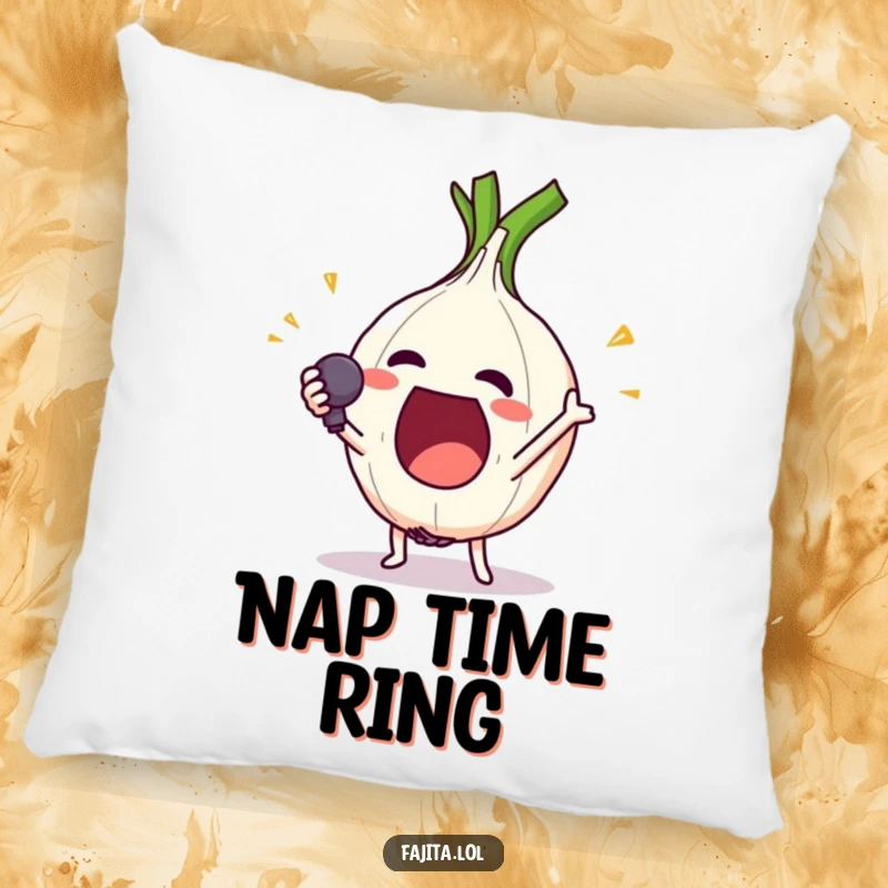 Funny pillow featuring an excited onion ring character performing a dramatic mic drop, offering comfort and humor.