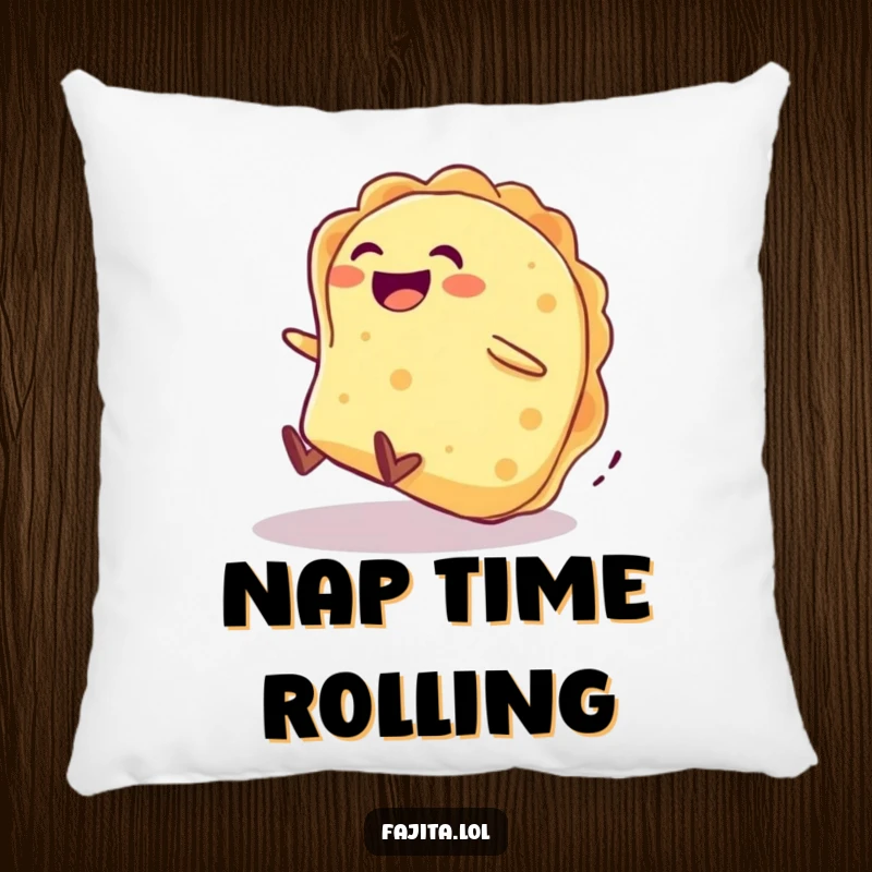 Funny pillow depicts a giggling tortilla character joyfully rolling down a hill, offering soft comfort and humor.