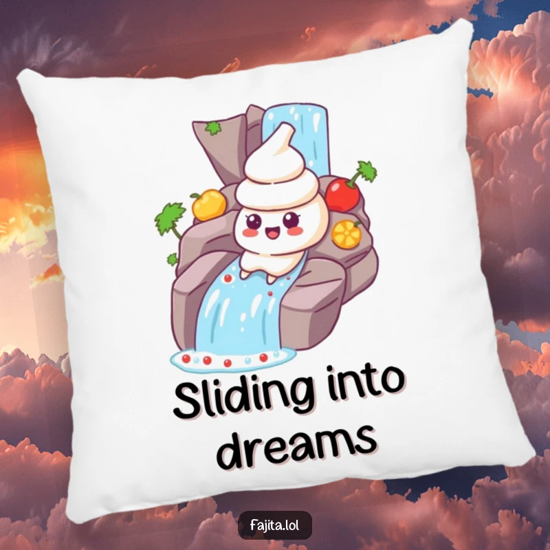 Funny Sour Cream Pillow: A sour cream dollop character sliding down a salsa waterfall, perfect for soft, humorous decor.