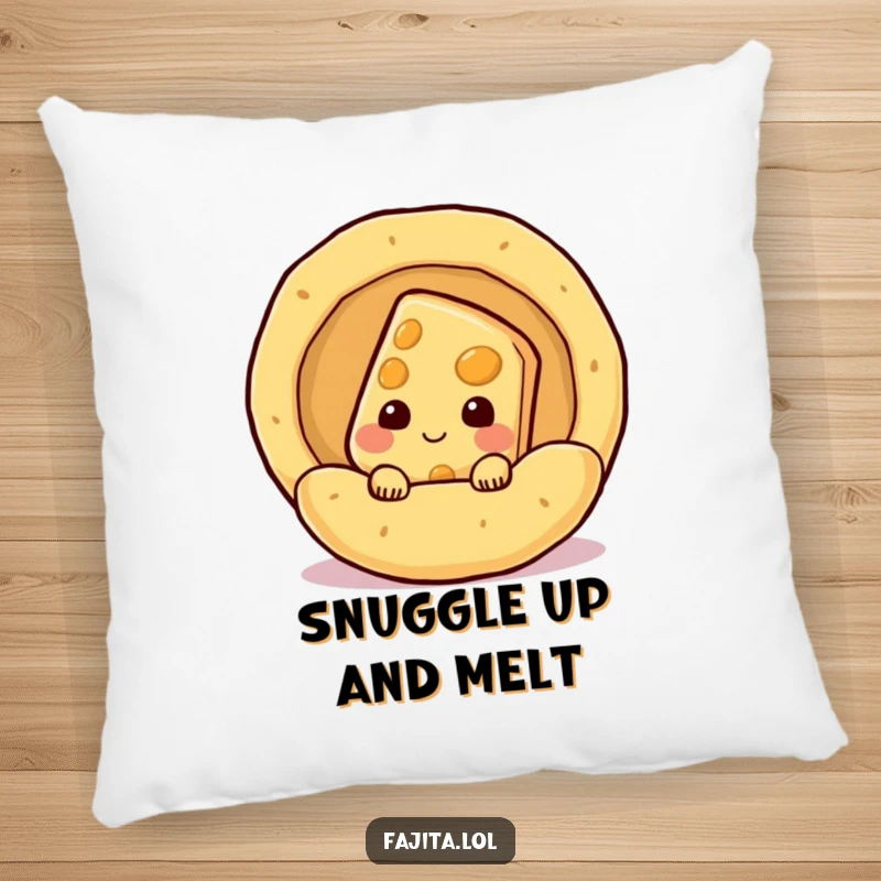 Funny shy cheese slice character peeking from a steaming tortilla on a pillow, soft and humorous home decor.