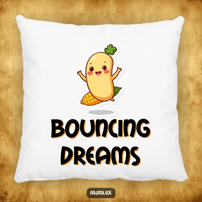 Funny Fajita Bean Character Pillow featuring a happy bounce on a corn kernel, offering comfort and a splash of playful humor.