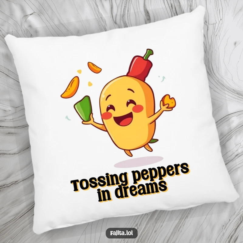Funny pillow design of a happy fajita character juggling hot pepper slices, offering a soft and humorous decorative element for any room.